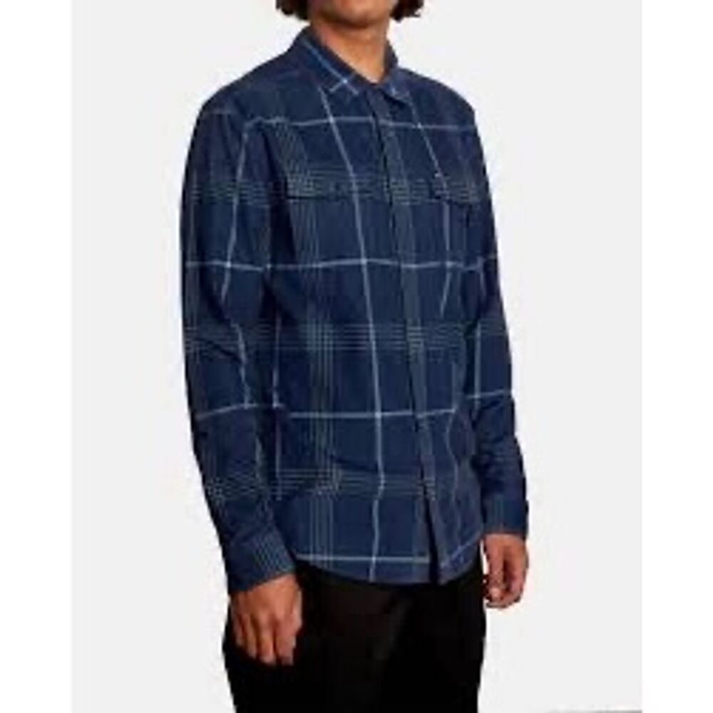 RVCA Men’s Navy Plaid Long Sleeve Button-Up Shirt - Size Medium